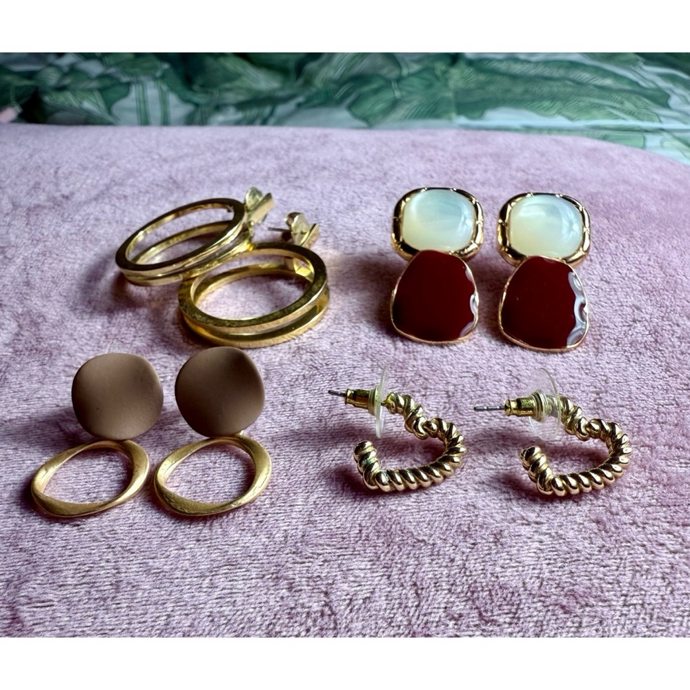 Gold Tone Earrings Lot 4 Pairs Hoops Studs Dangle Geometric Brown Stones